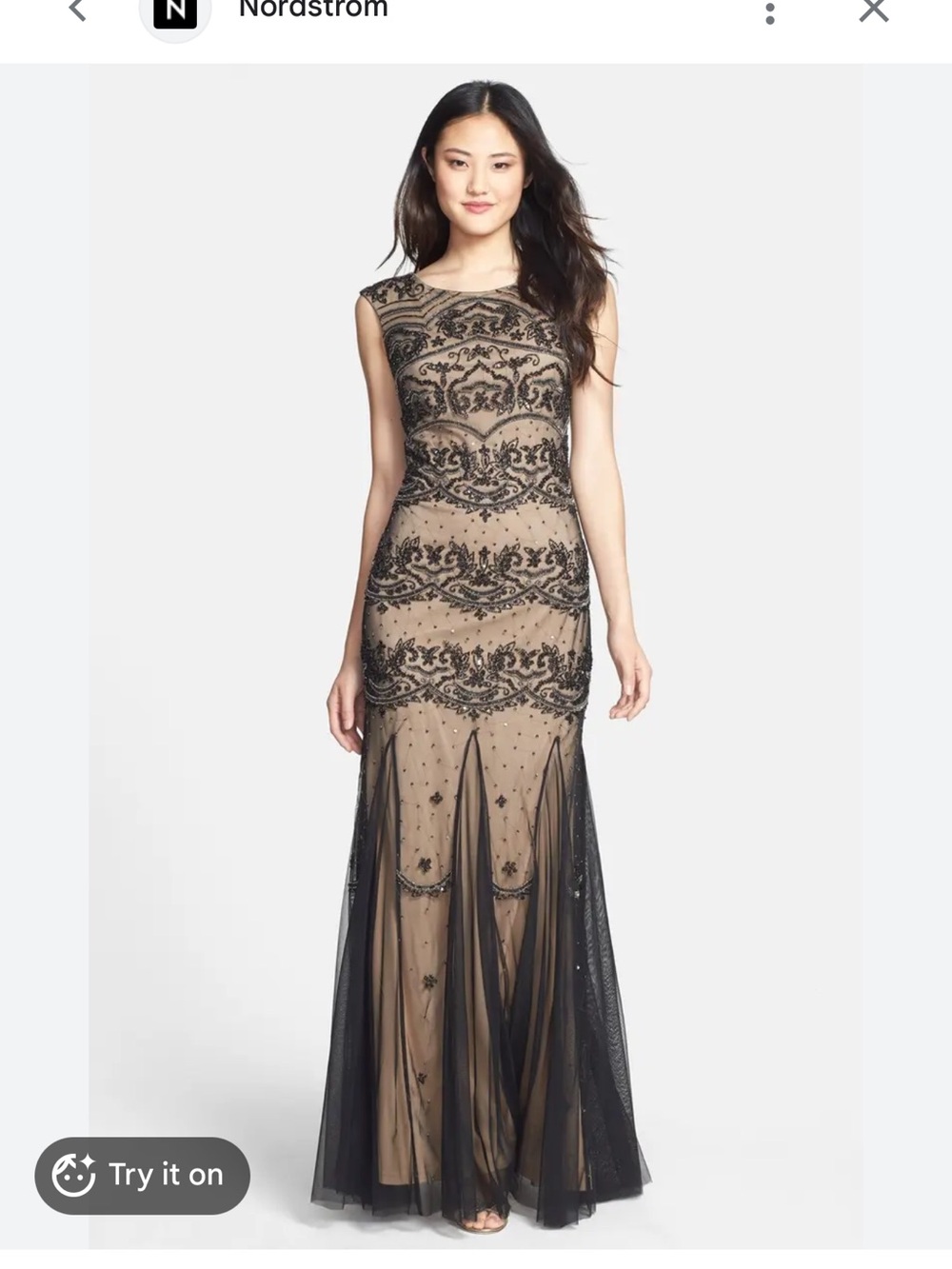 Adrianna Papell Black Beaded Cap Sleeve Evening Gown